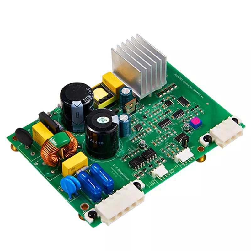 Industrial brushless DC motor driver circuit board featuring 180-degree sine wave modulation, on-board aluminum heatsink, high-capacity electrolytic filter capacitors, and over-current protection for air purifier blowers, HVAC ventilation fans, and heat recovery ventilators.