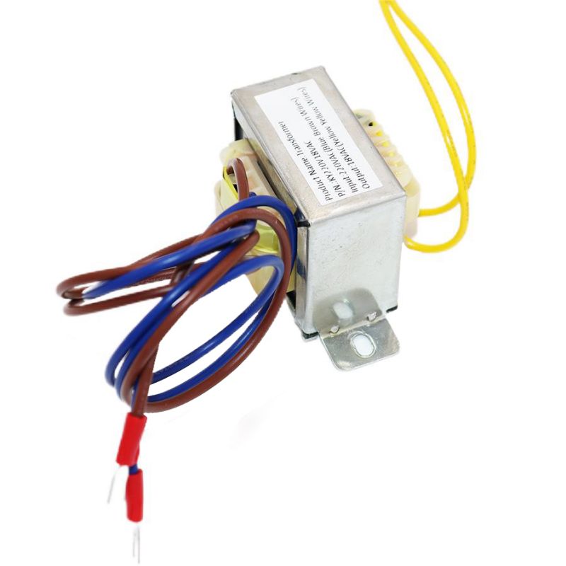    Angled close-up view focusing on the technical identification label of the KY220VT18VAC transformer, verifying the 220VAC input specification via blue-brown lead wires, 18VAC 600mA output via yellow-yellow lead wires, and pure copper wound bobbin structure intended for high-reliability industrial power distribution.
   