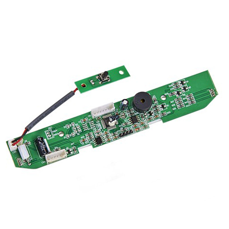 Automotive air cleaner controller circuit board showing elongated LED status indicator bar, BLDC motor drive circuit, integrated buzzer fault alarm, and 10-minute parking delay auto-shutdown module for vehicle interior air purification systems.