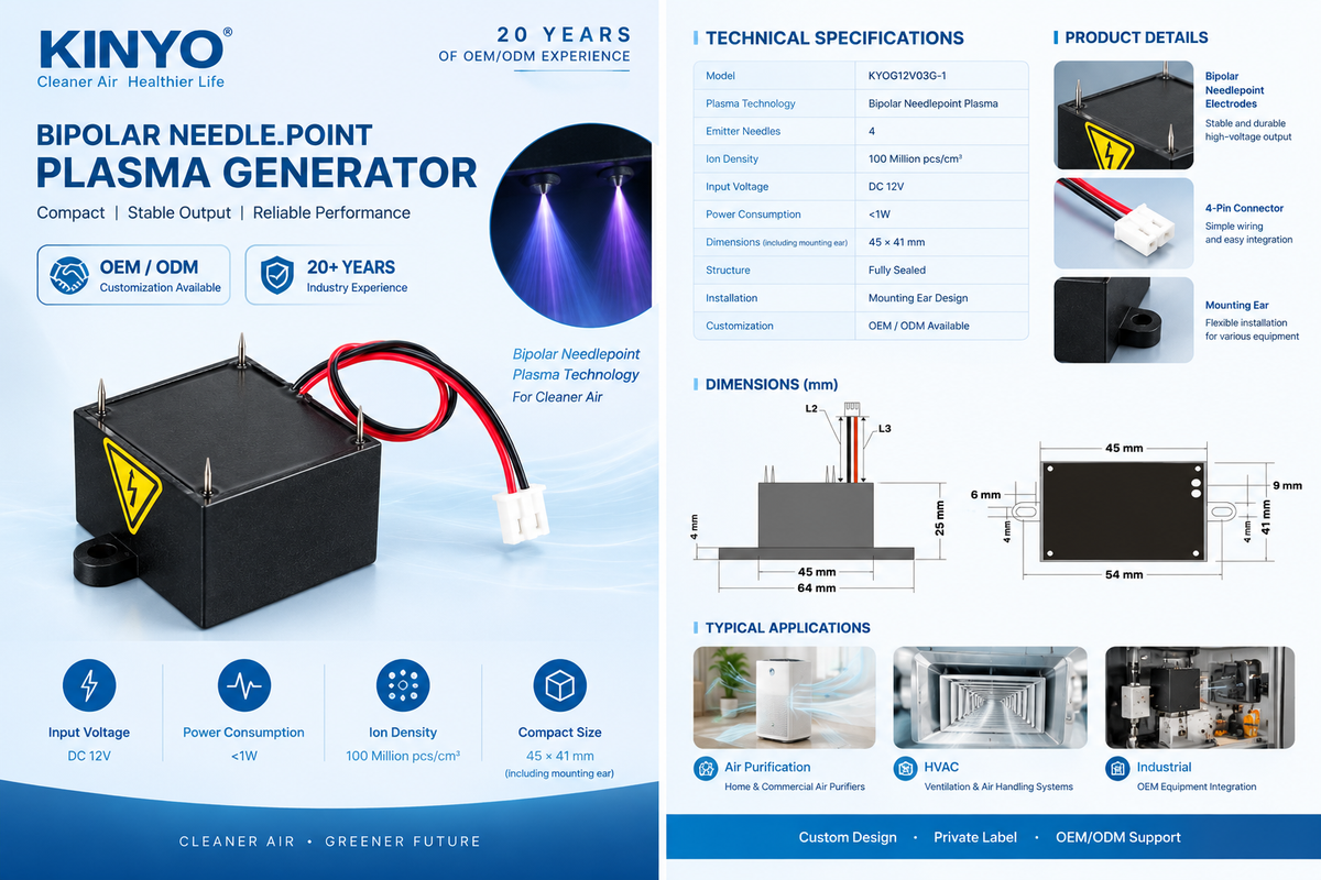 Miniature 4-Needle Bipolar Plasma Generator Module | KYOG12V03GP-1 | 100M Ions/cm³, DC 12V