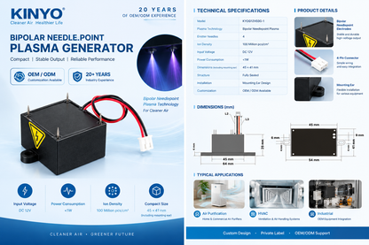 Miniature 4-Needle Bipolar Plasma Generator Module | KYOG12V03GP-1 | 100M Ions/cm³, DC 12V