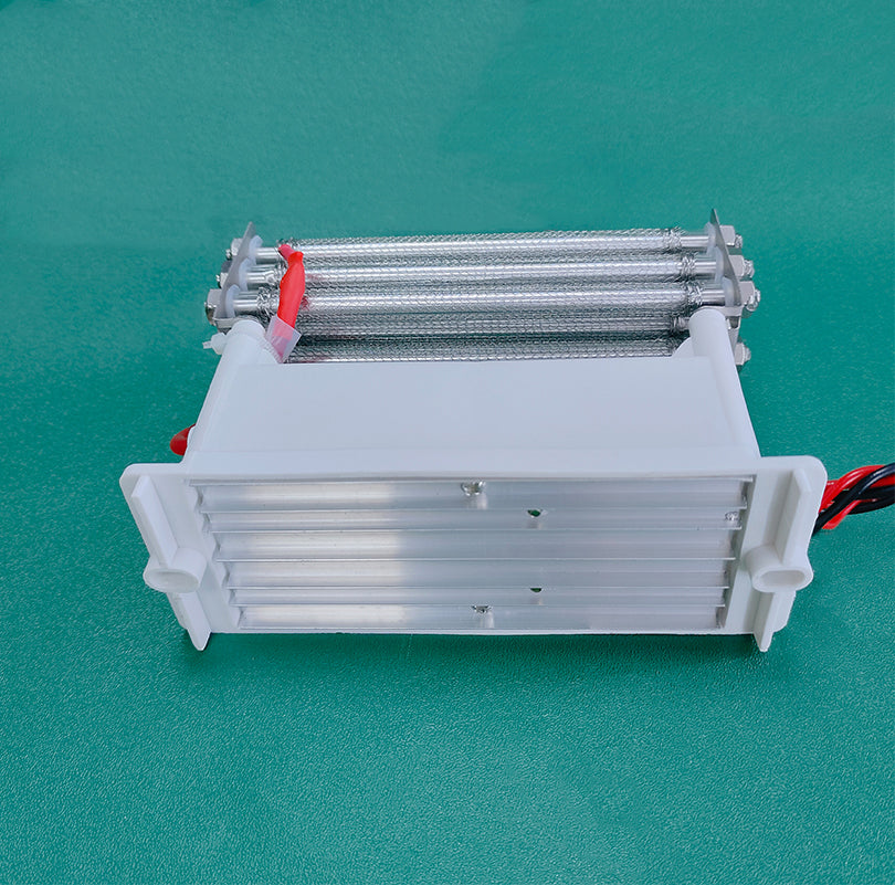Bottom-angle view of KINYO-CHINA KYOG220V27G ozone generator power module showcasing the extruded aluminum heat sink fin base with chassis mounting tabs and dual input wiring, engineered for optimal thermal dissipation, continuous 60W duty, and open-circuit and short-circuit electronic protection.