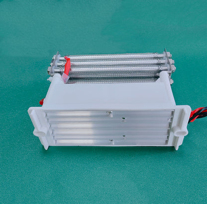 Bottom-angle view of KINYO-CHINA KYOG220V27G ozone generator power module showcasing the extruded aluminum heat sink fin base with chassis mounting tabs and dual input wiring, engineered for optimal thermal dissipation, continuous 60W duty, and open-circuit and short-circuit electronic protection.