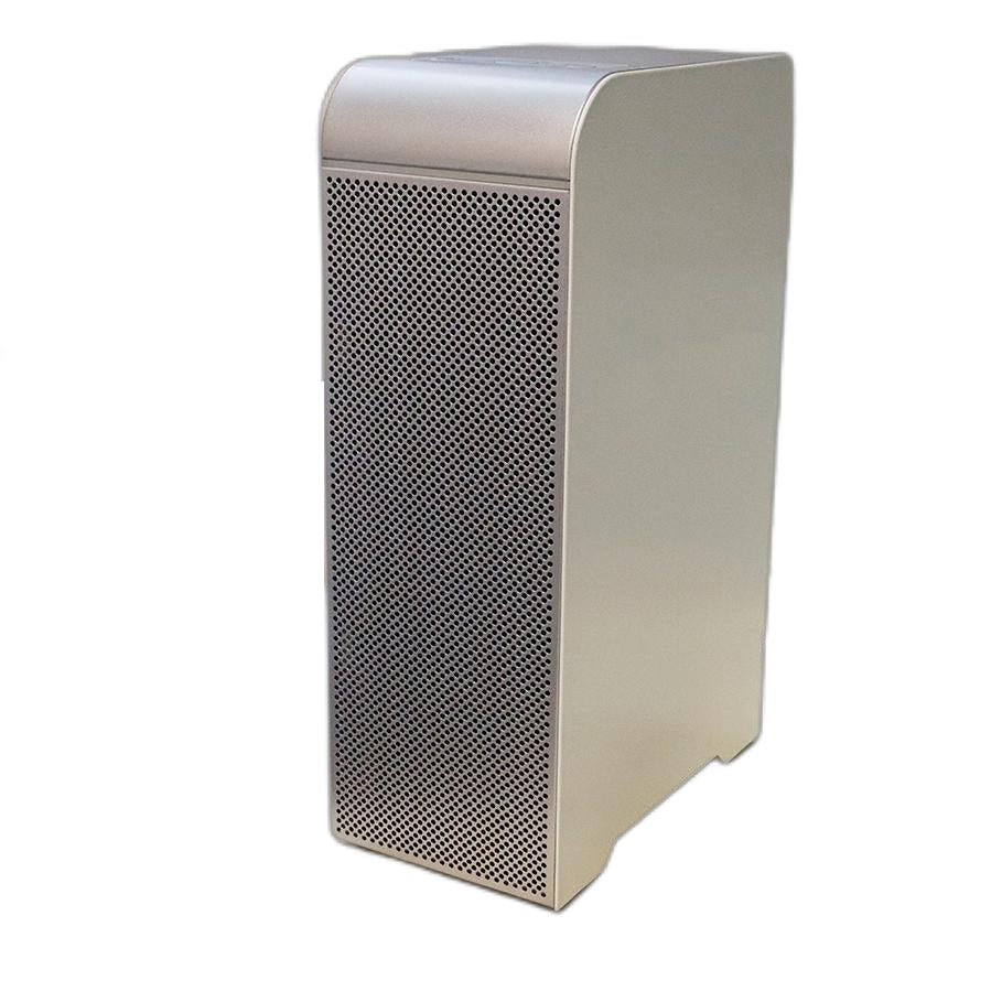 Commercial-grade desktop metal ESP air purifier KY-APS-220M standing upright, featuring heavy-duty champagne metallic chassis, curved top profile, and perforated front intake grille engineered by OEM ODM manufacturer KINYO-CHINA for executive offices and modern bedrooms requiring 180m3h CADR clean airflow.