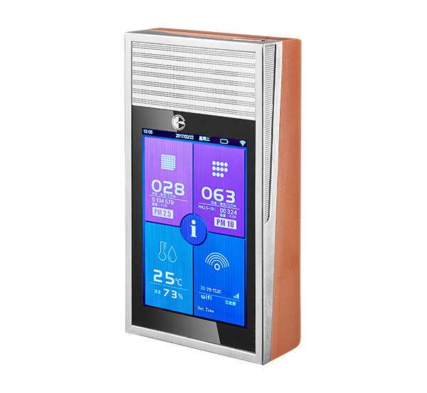 Wall-mounted and desktop commercial air quality testing monitor with full color digital screen displaying PM2.5 PM10 temperature humidity levels and WiFi network connectivity