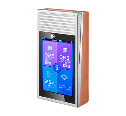 Wall-mounted and desktop commercial air quality testing monitor with full color digital screen displaying PM2.5 PM10 temperature humidity levels and WiFi network connectivity