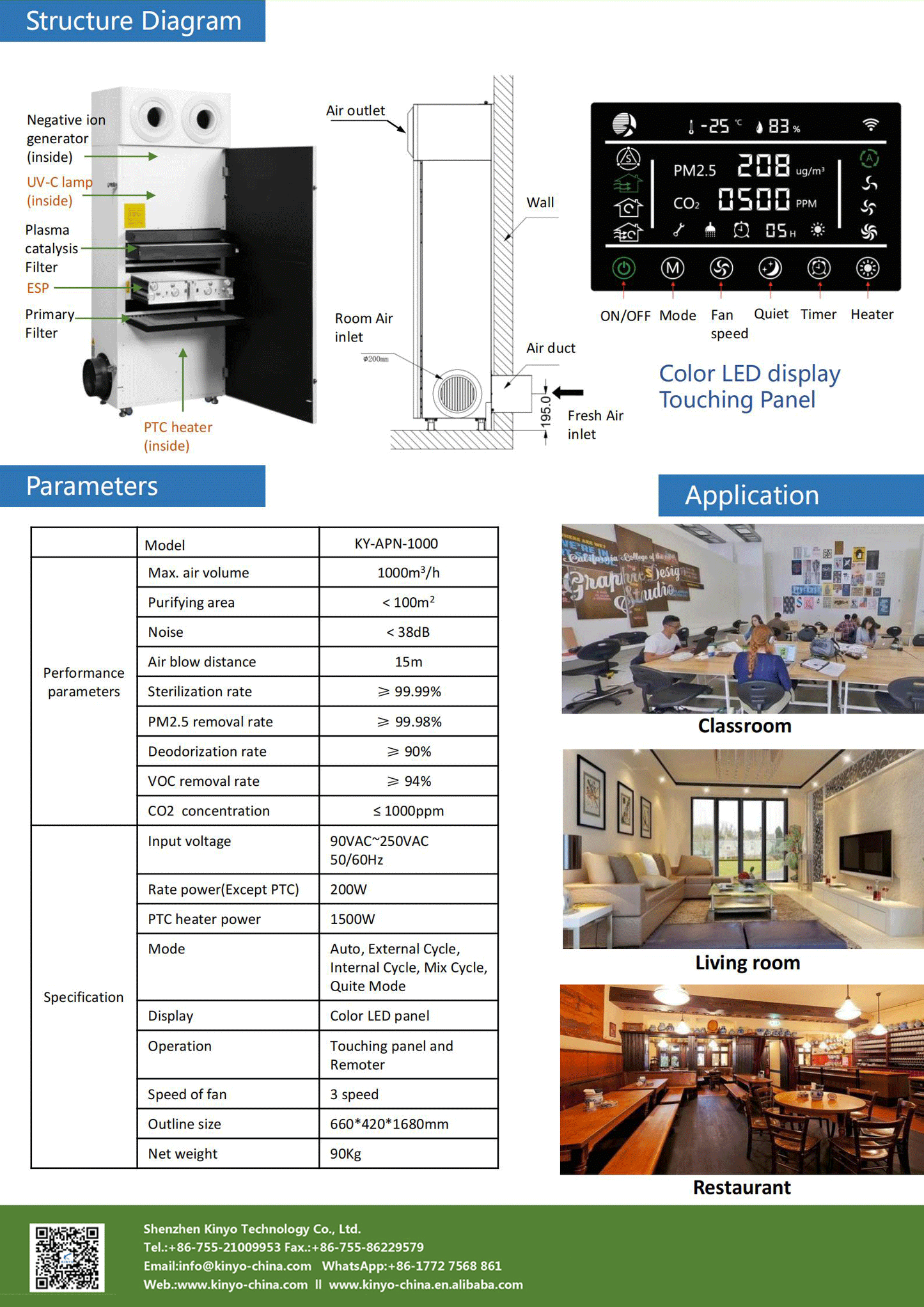  Commercial fresh air sterilizing air purifier KY-APN-1000 featuring heavy-duty white metal tower casing, top dual circular jet diffuser nozzles, side fresh air duct collar, and touch control screen displaying real-time PM2.5 and CO2 levels engineered by OEM ODM manufacturer KINYO-CHINA for classrooms and hospitals.