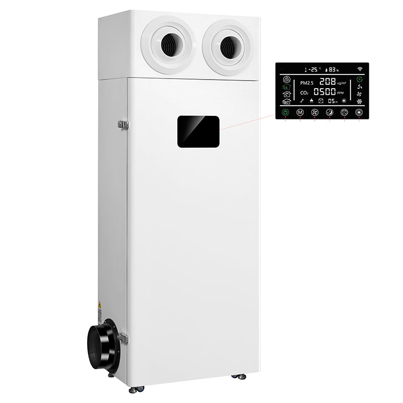  Commercial fresh air sterilizing air purifier KY-APN-1000 featuring heavy-duty white metal tower casing, top dual circular jet diffuser nozzles, side fresh air duct collar, and touch control screen displaying real-time PM2.5 and CO2 levels engineered by OEM ODM manufacturer KINYO-CHINA for classrooms and hospitals.