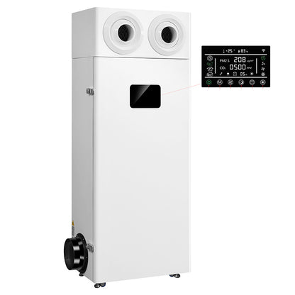  Commercial fresh air sterilizing air purifier KY-APN-1000 featuring heavy-duty white metal tower casing, top dual circular jet diffuser nozzles, side fresh air duct collar, and touch control screen displaying real-time PM2.5 and CO2 levels engineered by OEM ODM manufacturer KINYO-CHINA for classrooms and hospitals.