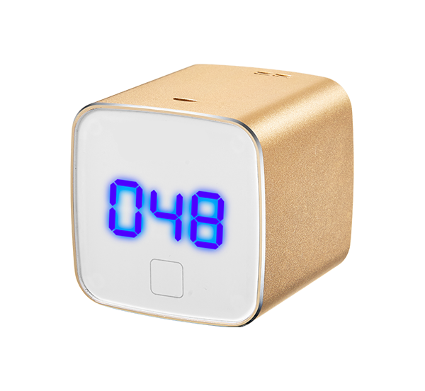KY-OEM-AQD compact cube air quality indicator with gold anodized aluminum alloy casing showing blue LED digital PM2.5 particulate concentration reading and ventilation channels