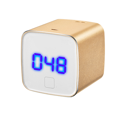 KY-OEM-AQD compact cube air quality indicator with gold anodized aluminum alloy casing showing blue LED digital PM2.5 particulate concentration reading and ventilation channels