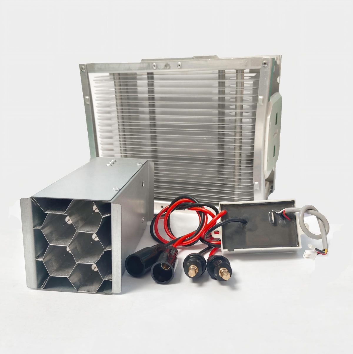    Complete ESP air purification system component display on a white background, featuring the KYOG12V03 2W high-voltage power supply connected via industrial quick-disconnect plugs to a compact honeycomb electrostatic collector cell in the foreground and a multi-plate aluminum ESP filter in the background.
   