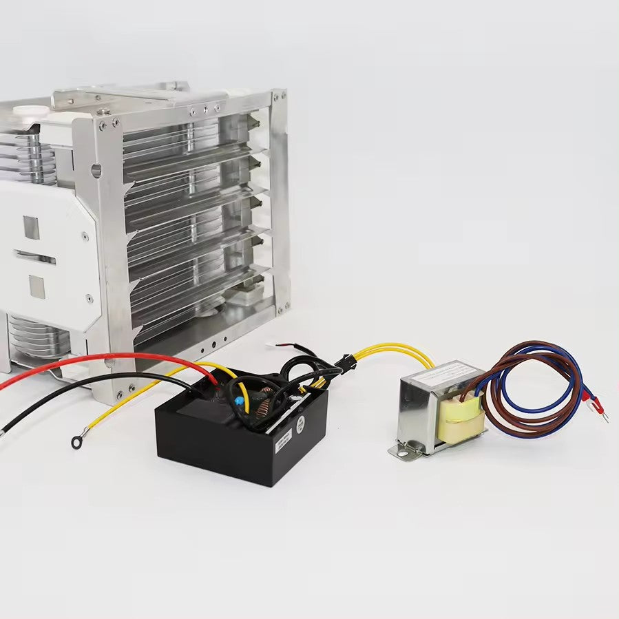    Complete commercial ESP filtration demonstration setup on a white background, featuring the KYOG220V06 high-voltage power supply wired via color-coded leads to an aluminum multi-plate electrostatic collector cell and an external step-down AC power transformer.
   