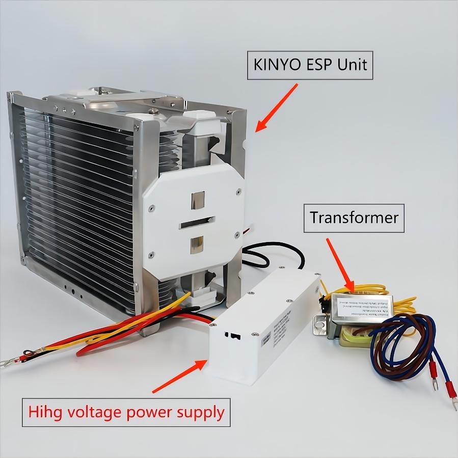 Component kit photograph showing KY13L440A electrostatic collection module connected to its dedicated high-voltage power supply module and step-down isolation transformer with wiring harnesses.
