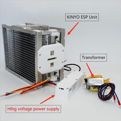 Component kit photograph showing KY13L440A electrostatic collection module connected to its dedicated high-voltage power supply module and step-down isolation transformer with wiring harnesses.
