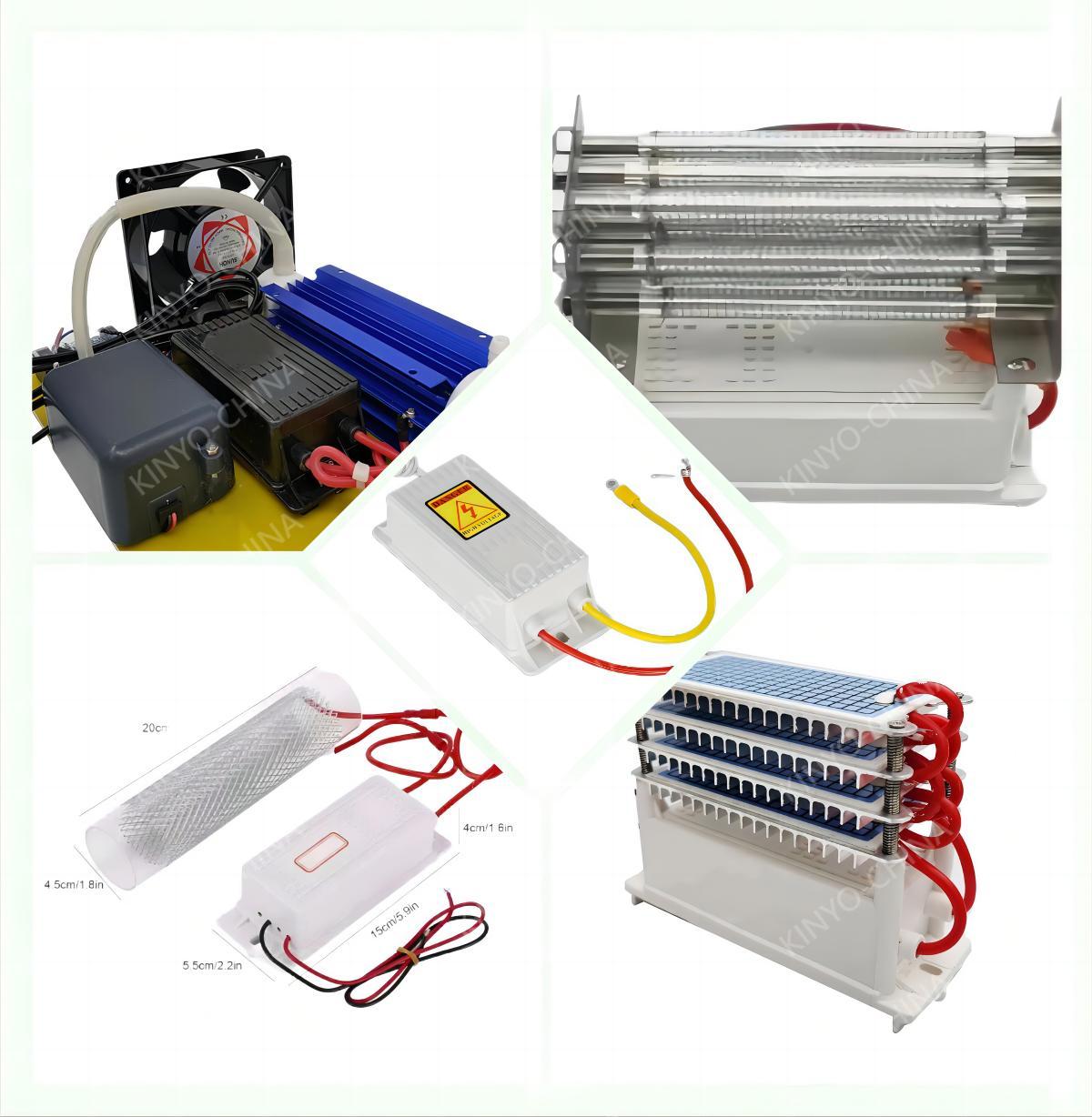 Comprehensive application and system assembly collage for the KY-OG-65W ozone generator power supply, illustrating compatibility across various configurations including fan-cooled ozone modules, quartz glass ozone discharge tubes with 20cm length and 148x60x45mm power pack dimensions, and multi-layer ceramic ozone plate stacks linked by high-voltage silicone tubing for commercial air sterilization and water treatment.

