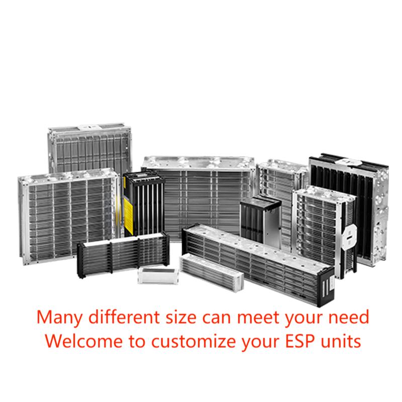 Custom manufacturing collection family photograph displaying a diverse array of Kinyo electrostatic precipitator (ESP) units in custom architectural sizes, widths, and cell thicknesses.
