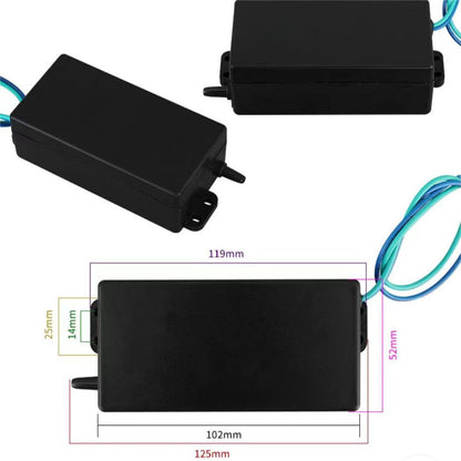 Dimensional engineering schematic photograph of KINYO-CHINA KYOG-02GT ozone generator casing displaying 102mm body length, 119mm mounting tab span, 125mm overall length with nozzle, and 52mm width for compact appliance OEM bracket installation.