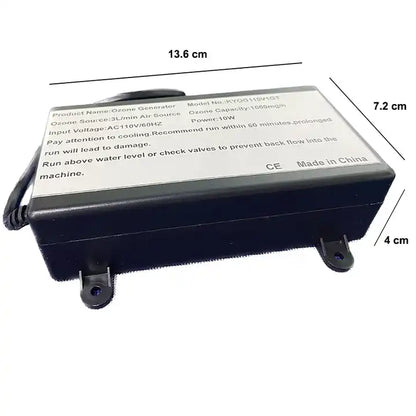Dimensional specification studio photograph of KINYO-CHINA KYOG-1GT multifunctional ozone generator showing 13.6 cm length, 7.2 cm width, and 4.0 cm height dimensions with technical specification label and 110V/220V power leads for commercial equipment OEM engineering.