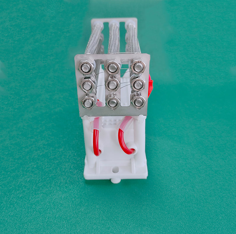 End-profile close-up view of KINYO-CHINA KYOG220V27G ozone generator tube assembly on a green background highlighting the precision 3x3 array of nine quartz tubes, stainless steel hex nuts, secure tension grounding plates, and high-voltage feed leads designed for uniform corona discharge with 3 to 5 mm discharge gap and 3kV primary-to-secondary dielectric isolation.