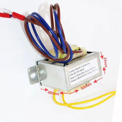    Engineering dimension drawing and physical view of the KY220VT18VAC step-down transformer detailing overall package measurements of 50mm length, 40mm width, and 25mm height with red metric callout arrows, showing the compact 400g chassis footprint and pre-wired harness configuration designed for tight enclosure integration in OEM air purifiers and HVAC fan coil units.
   
