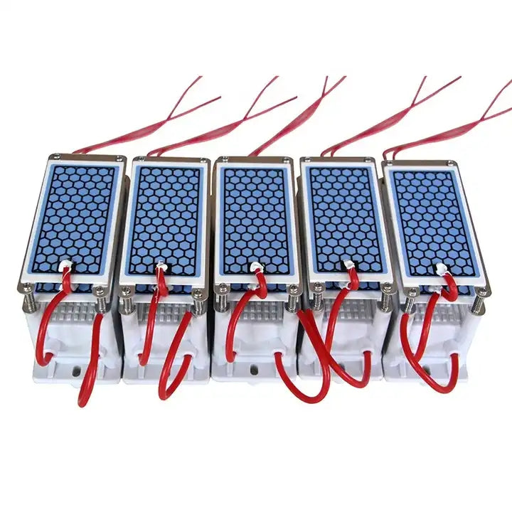    Factory production line display featuring a row of five assembled KYOG220V10GP ceramic plate ozone generator modules on a white background, illustrating high-capacity OEM manufacturing, standardized honeycomb ceramic elements, and red high-voltage wiring.
   