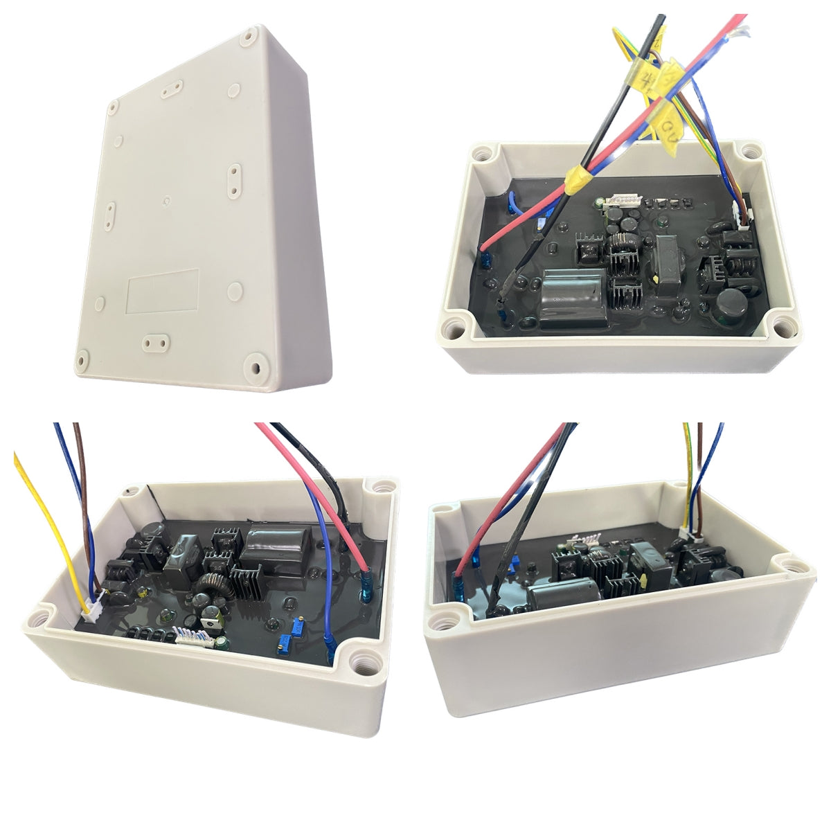    Four-panel perspective collage of the KYOG220V09 high-voltage power supply module detailing the smooth underside of the ivory ABS housing with corner mounting holes and three angled views displaying the potted circuit board architecture, internal power components, adjustment trimmers, and color-coded wiring harnesses.
   