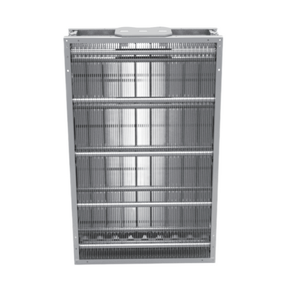 Front orthogonal view of the KY-ESP-175 electrostatic precipitator module illustrating the two-stage filtration layout with vertical high-voltage tungsten ionization wires and dense grounded aluminum collection plates for 1000 to 3500 m³/h commercial ventilation.
