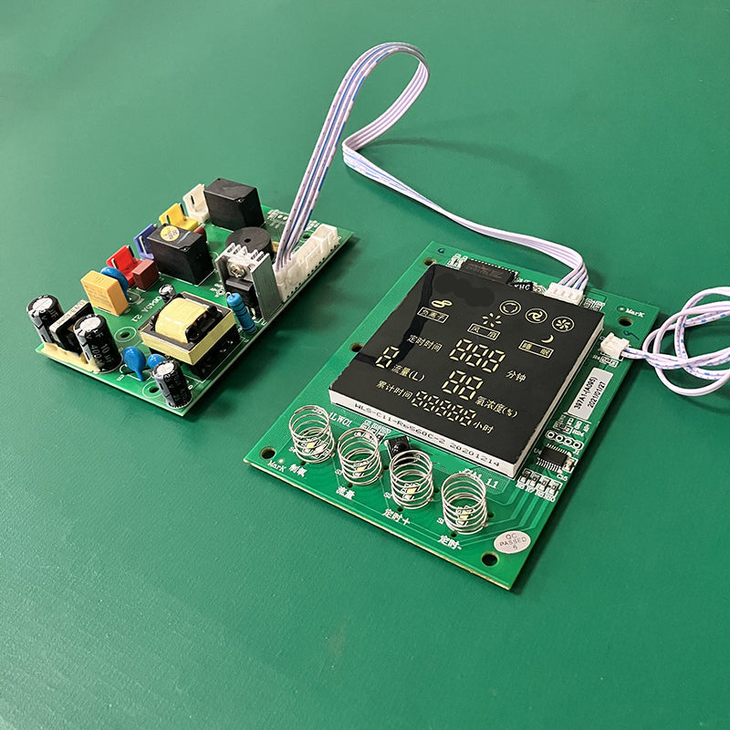 Close-up view of KY-OG-PCBA-ODM power mainboard displaying high-current relays filtering capacitors transformer and peripheral connectors for oil-free air compressor and cooling fan