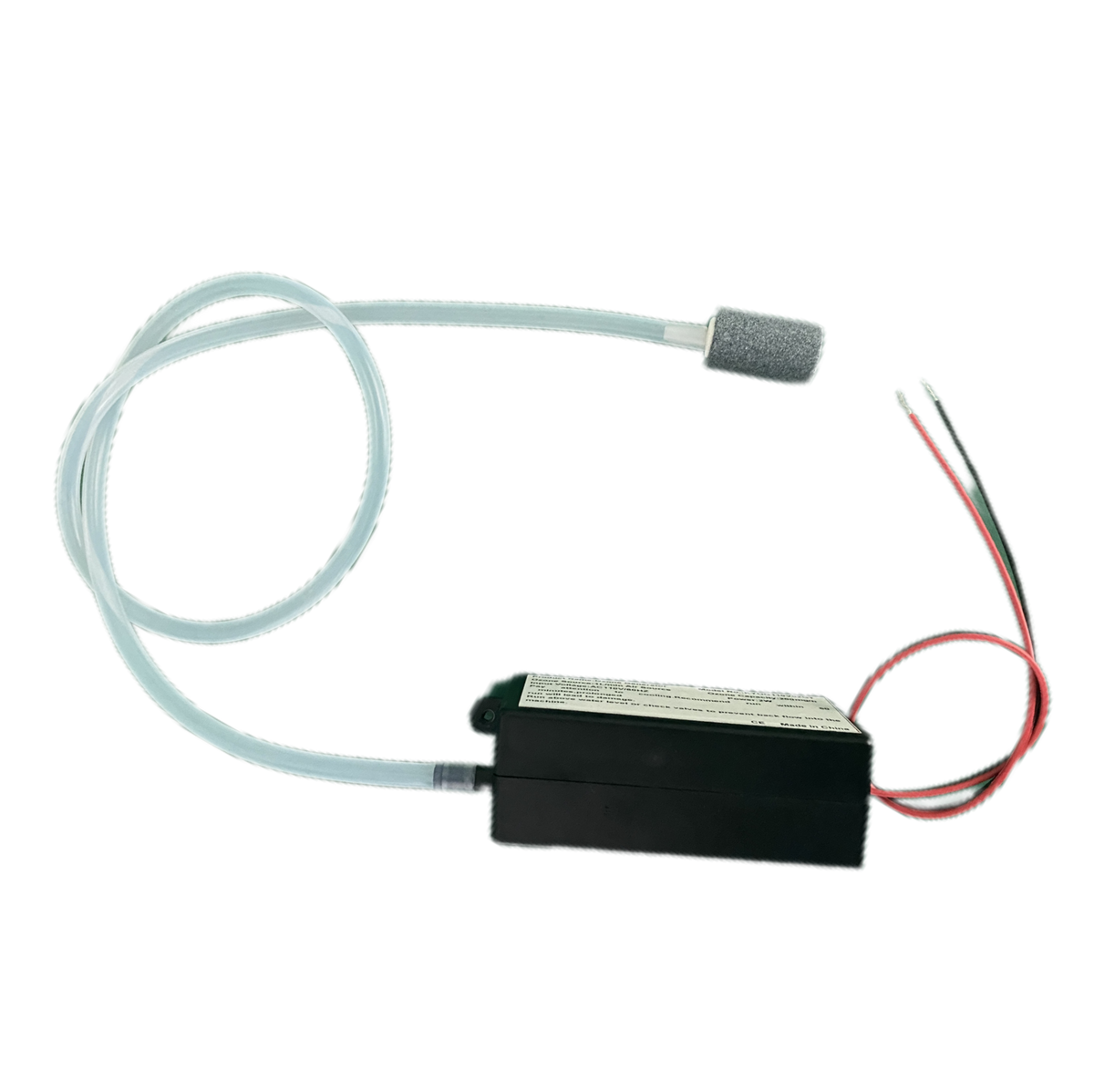 Isometric studio photograph of KINYO-CHINA KYOG-02GT micro ozone generator module with black ABS casing on a black background, connected to coiled translucent silicone tubing, cylindrical aeration diffuser stone, and red and black electrical flying lead wires engineered for 50-200mg/h ozone yield in appliance sanitization.