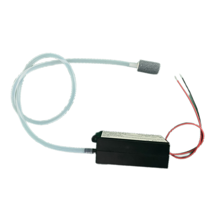 Isometric studio photograph of KINYO-CHINA KYOG-02GT micro ozone generator module with black ABS casing on a black background, connected to coiled translucent silicone tubing, cylindrical aeration diffuser stone, and red and black electrical flying lead wires engineered for 50-200mg/h ozone yield in appliance sanitization.