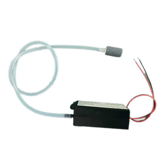 Isometric studio photograph of KINYO-CHINA KYOG-02GT micro ozone generator module with black ABS casing on a black background, connected to coiled translucent silicone tubing, cylindrical aeration diffuser stone, and red and black electrical flying lead wires engineered for 50-200mg/h ozone yield in appliance sanitization.