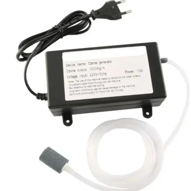 Isometric studio product photograph of KINYO-CHINA KYOG-1GT multifunctional ozone generator module displaying the black ABS enclosure with integrated mounting tabs, 220V EU electrical power cord, flexible silicone delivery tubing, and porous mineral diffuser bubble stone engineered for 1000mg/h ozone yield in water purification and food sanitization.