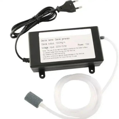 Isometric studio product photograph of KINYO-CHINA KYOG-1GT multifunctional ozone generator module displaying the black ABS enclosure with integrated mounting tabs, 220V EU electrical power cord, flexible silicone delivery tubing, and porous mineral diffuser bubble stone engineered for 1000mg/h ozone yield in water purification and food sanitization.