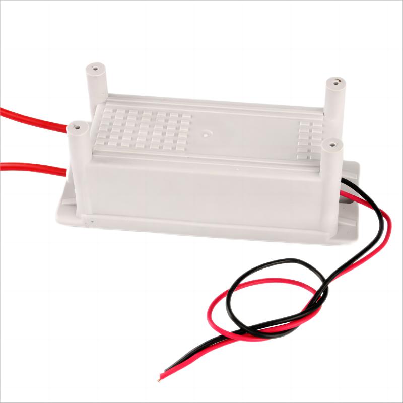 Isometric studio shot of the KY-OG-65W 65W high voltage power supply module on a white background, detailing the fully sealed waterproof and moisture-resistant white housing with corner mounting pillars, flexible red and black input wiring harness, and durable silicone high-voltage output wires capable of delivering 3.5 to 4.5 kV at 15 to 90 kHz resonant frequency.
