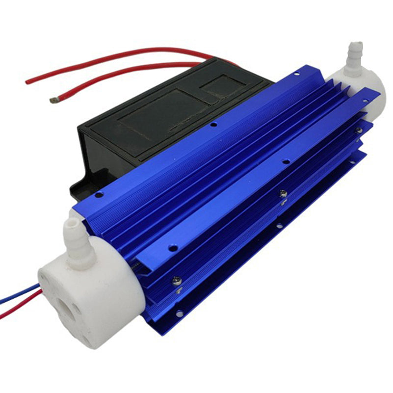 Isometric three-quarter studio photograph of KINYO-CHINA KYOG-10GC 10g/h ozone generator module showing the blue anodized aluminum finned ceramic discharge tube with white PTFE end manifolds and matched black high-voltage power supply pack engineered for commercial water treatment and aquaculture sanitization.