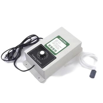 Isometric three-quarter studio photograph of KINYO-CHINA KYOG-2GT ozone generator showing the white ABS enclosure with front 60-minute mechanical timer switch, green specification label, attached power cable, and silicone tubing with diffuser stone engineered for 2000mg/h active oxygen sanitization.