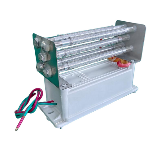 Isometric three-quarter studio photograph of KINYO-CHINA KYOG220V15G commercial ozone tube generator module displaying five stainless steel mesh quartz discharge tubes in a staggered dual-tier array, mounted on a white insulated high-voltage power supply base with red and green silicone leads engineered for 15 g/h ozone production, commercial appliance deodorization, and HVAC duct air sanitation.