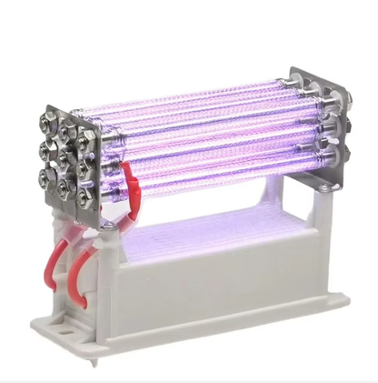 Isometric three-quarter studio photograph of KINYO-CHINA KYOG220V27G commercial ozone tube generator module in active operation displaying purple corona discharge glow across nine quartz mesh discharge tubes in a three-by-three matrix, mounted atop a compact white insulated high-voltage power supply base engineered for high-efficiency 27 g/h ozone production, commercial deodorization, and industrial air treatment.