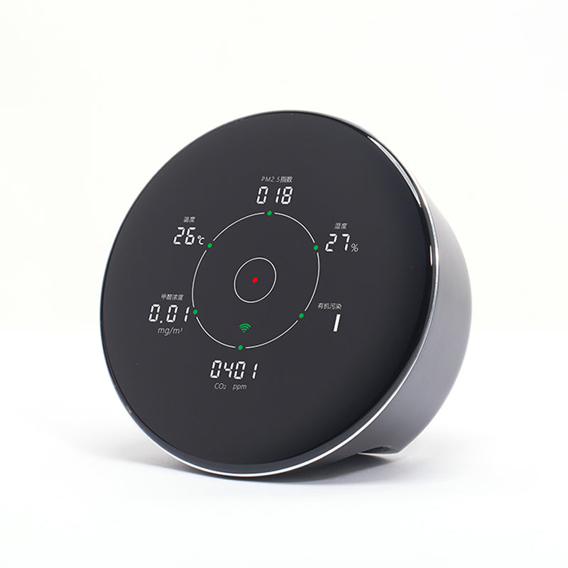 KY-OEM-AQD smart air quality monitor front view displaying real-time PM2.5 CO2 formaldehyde TVOC temperature humidity and WiFi status with color ambient indicator ring for home office HVAC monitoring