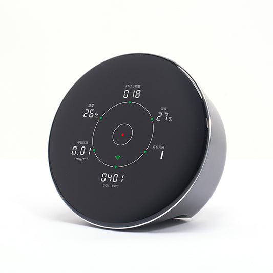 KY-OEM-AQD smart air quality monitor front view displaying real-time PM2.5 CO2 formaldehyde TVOC temperature humidity and WiFi status with color ambient indicator ring for home office HVAC monitoring