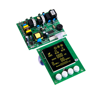 KY-OG-PCBA-ODM oxygen generator control board set top view showing industrial power supply board and connected digital LED display module with push buttons