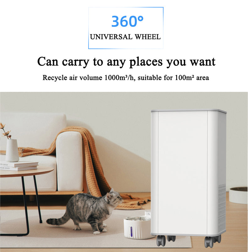  KY-ADS-1000 pet air deodorizer operating in residential living room with cat, providing 1000m3h high-volume air recirculation across 100 square meters with gravity-sensing anti-topple automatic shutoff safety.
