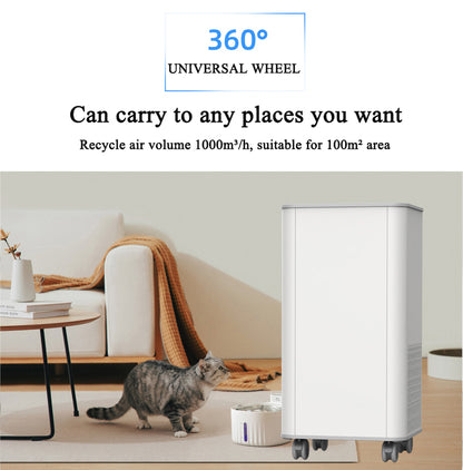  KY-ADS-1000 pet air deodorizer operating in residential living room with cat, providing 1000m3h high-volume air recirculation across 100 square meters with gravity-sensing anti-topple automatic shutoff safety.
