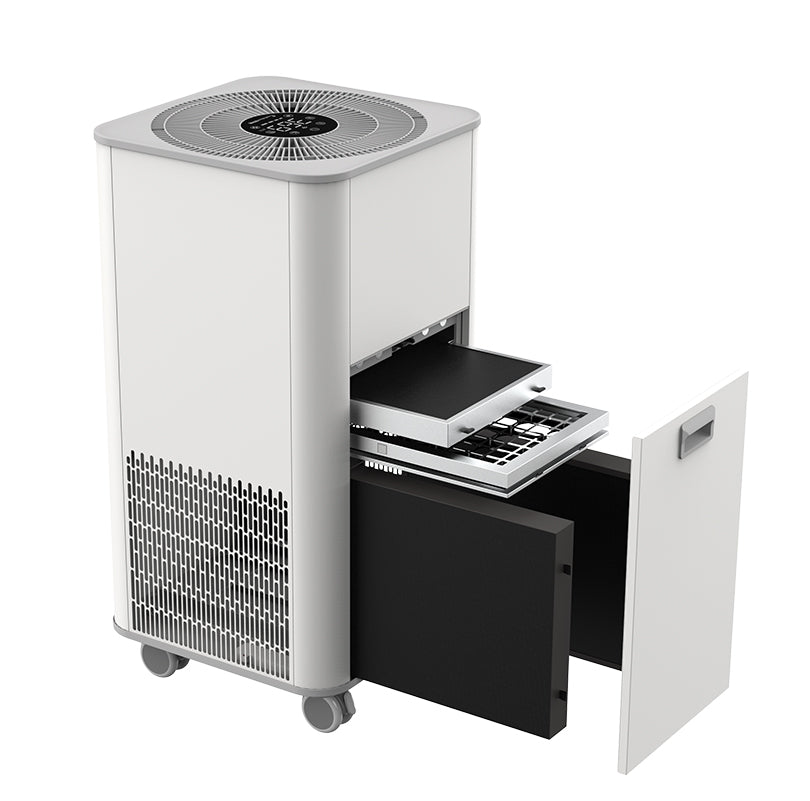 KY-ADS-1000 pet deodorizing air purifier open filter compartment view showing slide-out composite filter and washable high-energy ion module engineered by OEM ODM air purifier manufacturer KINYO-CHINA for veterinary clinics and pet boarding facilities requiring 1000m3h odor removal.