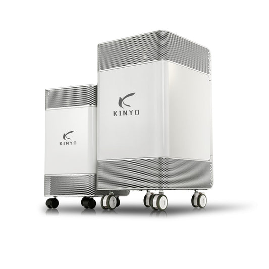 KY-APS-1000 commercial medical-grade air purifier front view featuring heavy-duty mobile cabinet with 360° universal swivel wheels, dual perforated metal air intake grilles, and 1000m3h high-volume sterilization for hospital wards, dental clinics, and cleanrooms.
