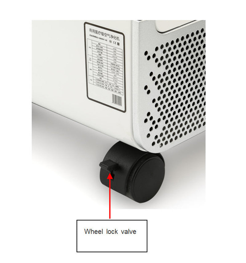 KY-APS-1000 hospital air purifier lower chassis close-up view highlighting medical-grade lockable universal caster wheels with foot-operated brake valves and factory certification rating plate for secure, quiet room-to-room mobility.
