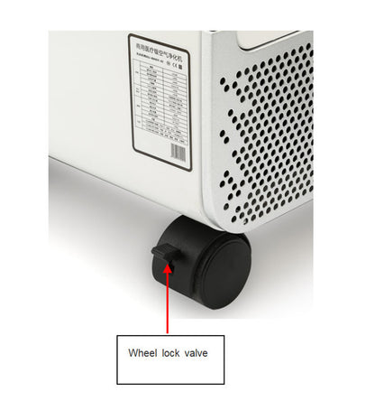KY-APS-1000 hospital air purifier lower chassis close-up view highlighting medical-grade lockable universal caster wheels with foot-operated brake valves and factory certification rating plate for secure, quiet room-to-room mobility.
