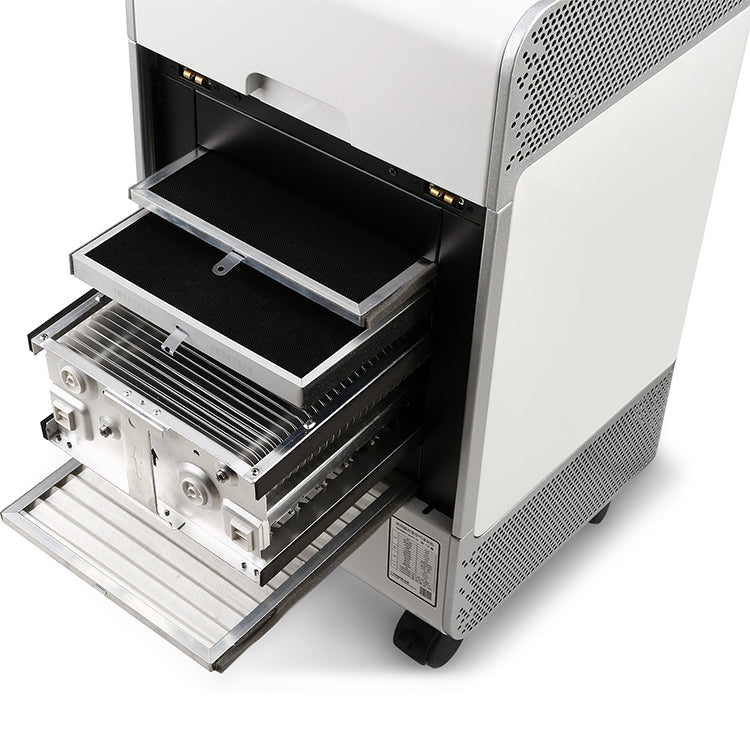 KY-APS-1000 medical air purifier pull-out drawer structure showing multi-stage non-consumable filtration system with washable primary pre-filter, high-voltage electrostatic precipitator (ESP) cell, and plasma catalytic decomposition layer for zero-cost maintenance.
