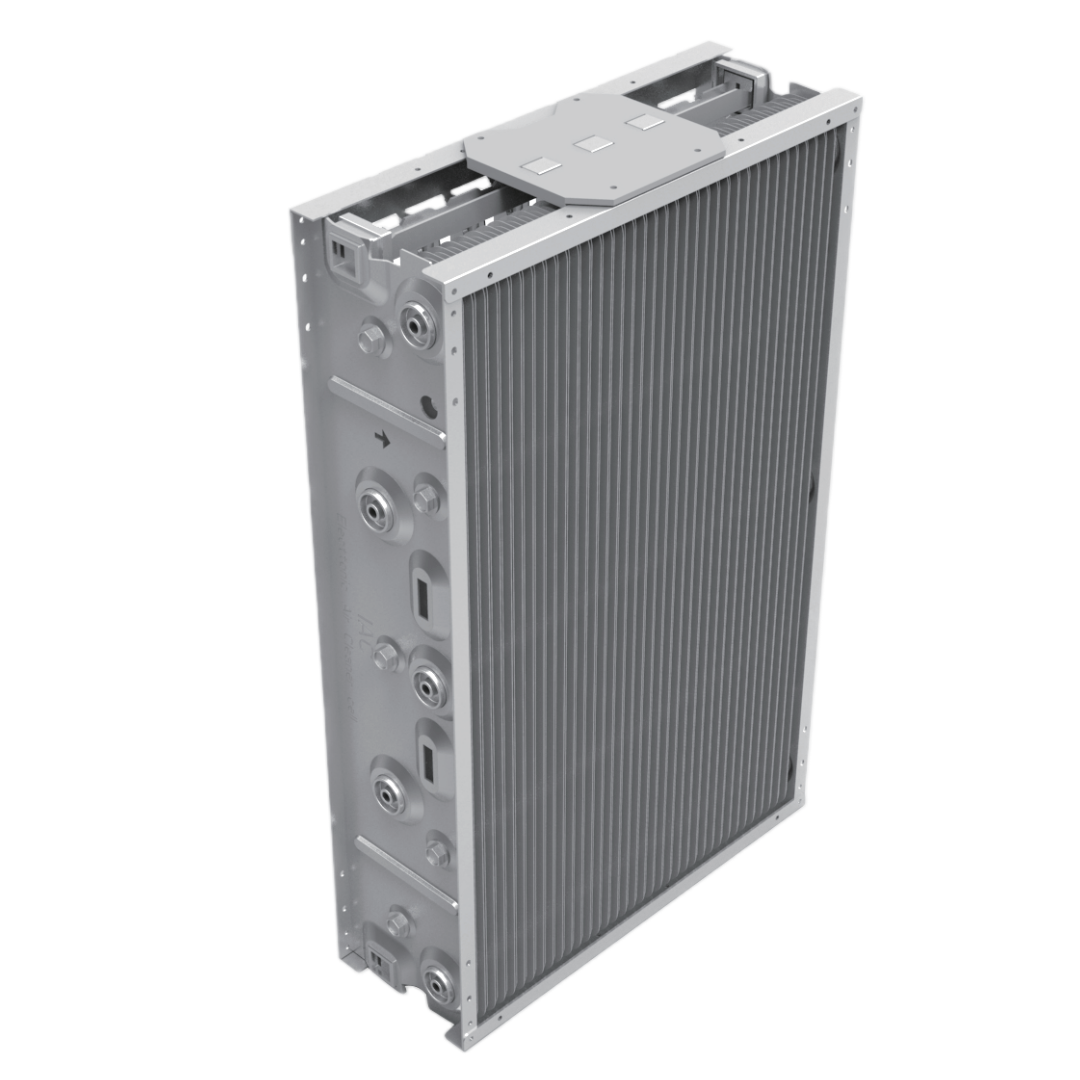KY-ESP-175 electrostatic precipitator filter unit perspective side-angle view showing the 175mm thickened aluminum cell frame, side electrical contact points, and parallel collector plates for commercial kitchen exhaust and HVAC air handling systems.
